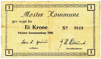 : 44486 Nødseddel fra Moster Kommune. 1 krone 1940. Kvalitet F.