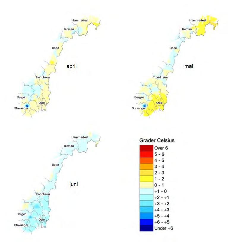 1.1.3 Temperatur Temperaturane i Noreg var omtrent som normalt i april og mai, men med lokale skilnader.