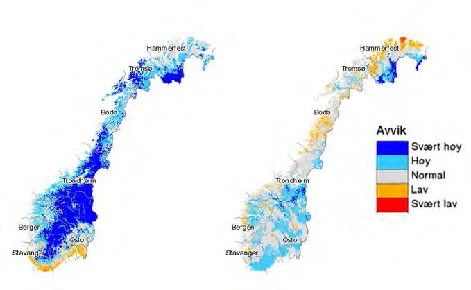 Figur 1.1.8 Grunnvasstand 31. mars (venstre) og 3. juni 212 (høgre) som avvik i høve til normalt for perioden 199-28. Kjelde NVE Korleis vart tilsiget våren/sommaren 212?