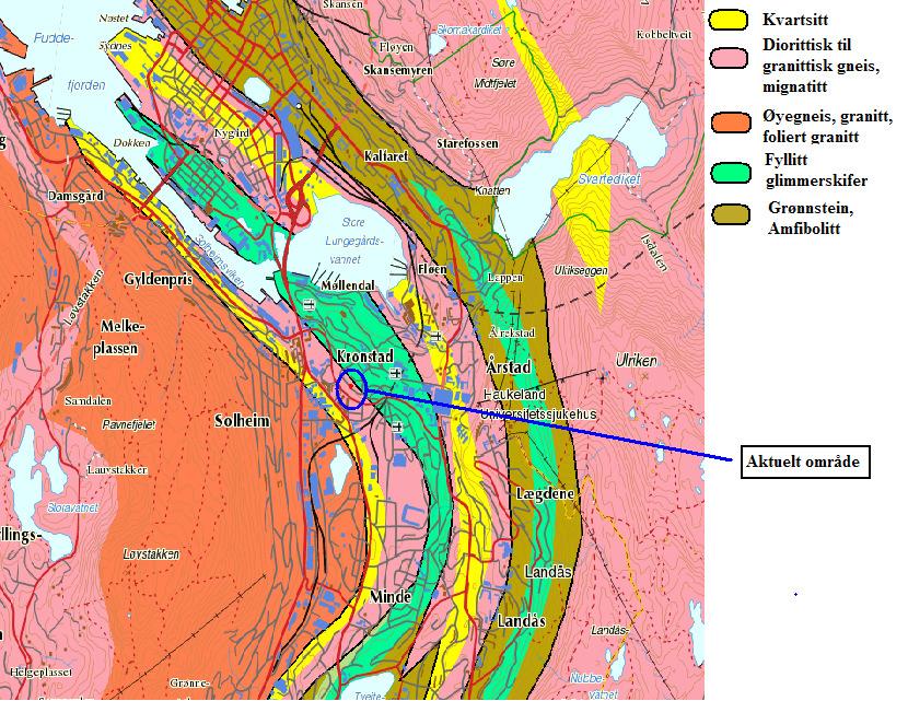 Berggrunn Bergrunnen i området består blant annet av diorittisk til granittisk gneis og migmatitt, kvartsitt, grønnstein, øyegneis og granitt, fyllitt og glimmerskifer, se figur 4.