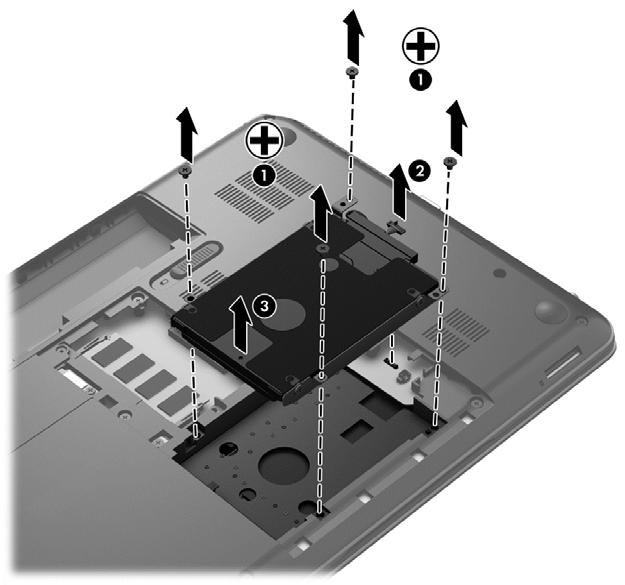 4. Koble harddiskkabelen (2) fra systemkortet. 5. Løft harddisken (3) ut av harddiskbrønnen. Reverser fremgangsmåten når du skal installere en harddisk.