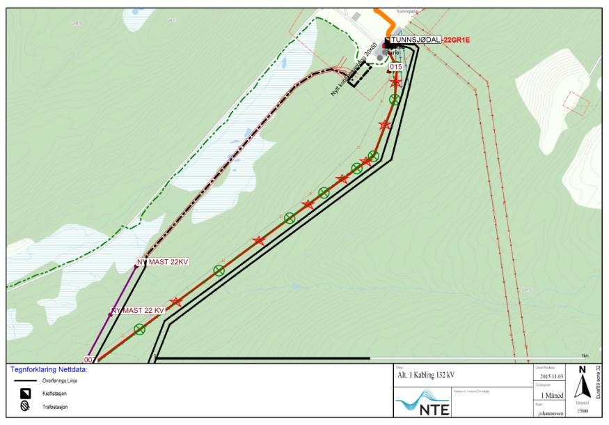 3.2.2 Alt. 1. Både 22 kv og 132 kv ledninger kables inn til Tunnsjødal Alternativ 1 baserer seg på at man skal grave ned 22 kv som i alternativ 0 over.