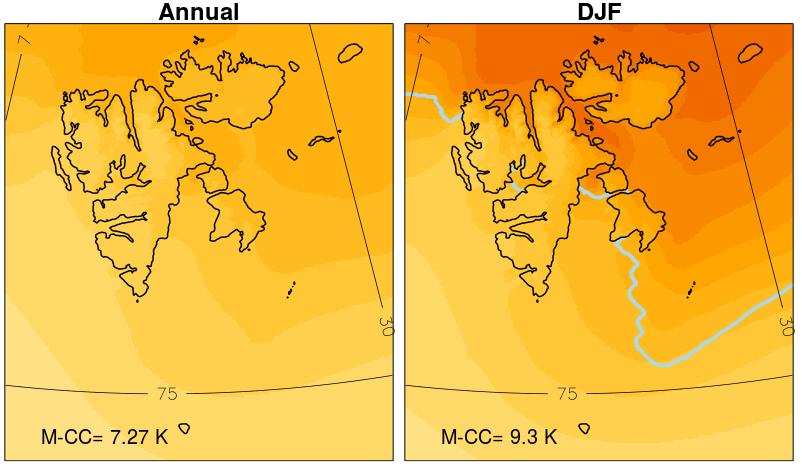 Figur 4.1.1 Beregnet temperaturendring med høy oppløsning (2,5 km) for året (venstre), vinteren DJF (midten) og sommeren JJA (høyre) fra 1989-2000 til 2089-2100 basert på RCP8.5 scenarioet.