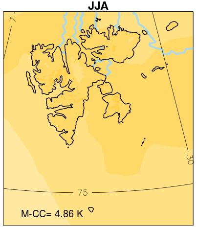 For scenarioperioden 2089-2100 er isgrensen nord for Svalbard (men er synlig om vinteren i 25 km modellen, se figur A6 i Appendiks). Tabell 4.1.3 COSMO-CLM resultater for Longyearbyen-området for endring i temperatur fra 1971-2000 til 2071-2100 (for RCP2.