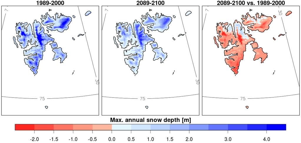 3.2). Det beregnes også her en reduksjon i maksimal snødybde i løpet av året de aller fleste steder.
