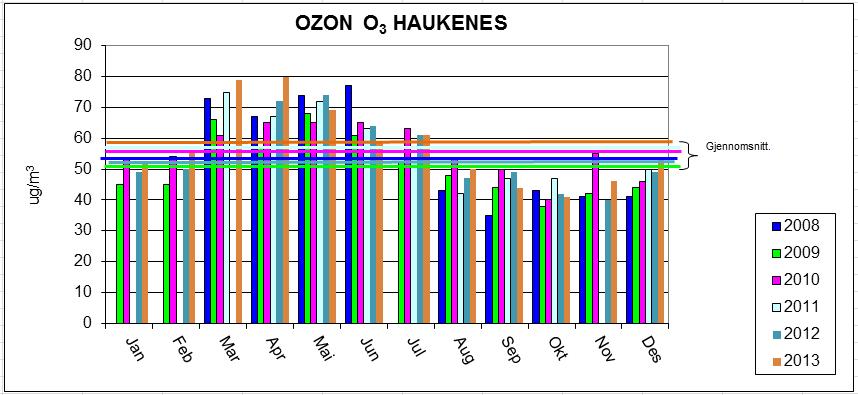 Side 23 av 29 6.3.2 Ozon Forurensningsforskriften angir ingen grenseverdier for ozon (O 3 ). I grafen nedenfor vises gjennomsnittlige månedsverdier gjennom hele året.