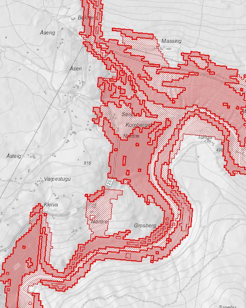 Aktsemdskart for snøskred. Mørk raud farge indikerer terreng som er bratt nok til at snøskred kan bli utløyst. Lys raud farge indikerer område som kan teoretisk sett kan bli nådd av snøskred.