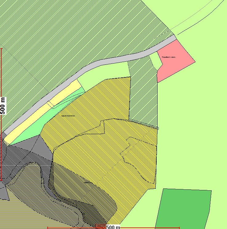 Kartutsnitt som viser gjeldende kommuneplan. Transfarelv skole er markert med rosa farge oppe i høyre hjørne. Grense mellom Alta by og Nærområde illustreres med at veien kuttes.