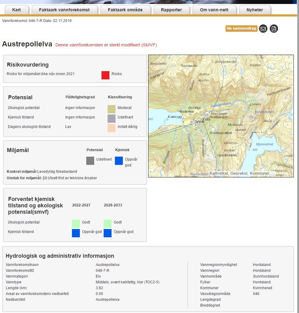 Her ligger all relevant data som er registrert i vann.nett.no på den vannforekomsten. På neste side står det om påvirkninger og tiltak.