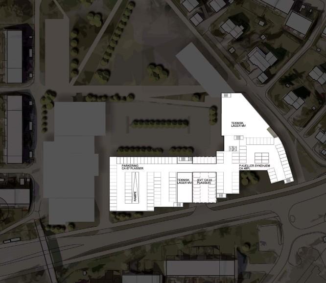 9.7 Parkering Parkering for bil planlegges i garasjeanlegg i kjeller, på gateplan under omsorgsboliger og på terreng i senterområdet.