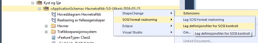 Høyreklikk på applikasjonsskjemapakka og velg Extensions/SOSI/definisjonsfiler for SOSI-Kontroll.