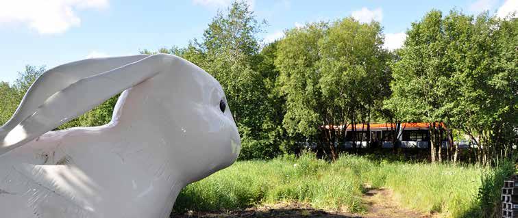 12 Bybanekunst Rachel Dagnall & Anita Hillestad The White Rabbit, 2010 Er du heldig får du eit glimt av den kvite kaninen idet Bybanen passerar Nesttunvatnet.