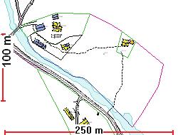 Side 9 Omsøkt parsell grenser ned til Myllselva. Det er henholdsvis 10 og 25 meter mellom elvekant og uthus og våningshus.