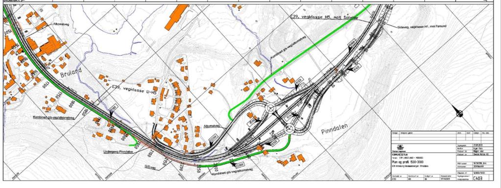 Denne rundkøyringa vil ha armar mot lokalvegnett på begge sider av E39, samt ei arm for ny E39 vidare med 80 km/t mot Pinndalen og Soleide/Moskog.