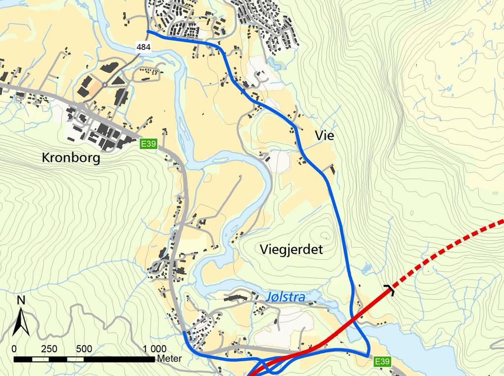 3.4.10 Vievegen (2700) For vegalternativet frå Myra til Pinndalen kan det som eit tilleggsalternativ vere aktuelt å bygge ny bru over Bergavatnet frå Haugen ved Pinndalen til Soleide, for så å bygge