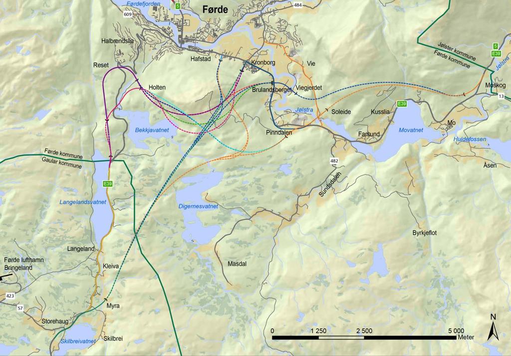 5 Tunnelar 5.1 Tunnelsoner Det er 15 ulike tunnelar som inngår i dei ulike vegalternativa. Tunnelar er vist med stipla strek på figuren under. 1. Myra Kronborg (7350 m) 2.