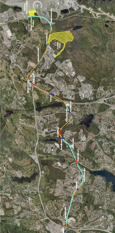 1. Innledning 1.1 Om prosjektet Bybanen mellom Bergen sentrum og Bergen lufthavn omfatter ca. 20 km dobbeltsporet trasé mellom Bergen sentrum i nord og Bergen lufthavn, Flesland i sør.