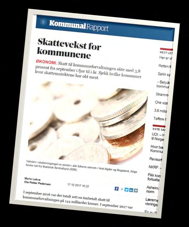 Høy skattevekst i 2017 Skatteanslaget er økt med 4 mrd. kr siden RNB 2017. Skyldes tilpasning til nye skatteregler vedrørende utbytte. For Kristiansand betyr det en økning i frie inntekter på ca.