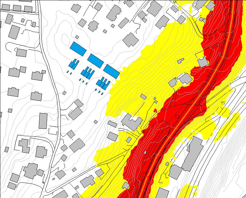 Kart 3 under viser støysoner i 1,5 m over terreng for vegtrafikkstøy: Ekvivalent lydnivå L den Støysoner i 1,5 m høyde STØYSONEKART Rød støysone Gul støysone Område: Reguleringsplan Dal Eks.