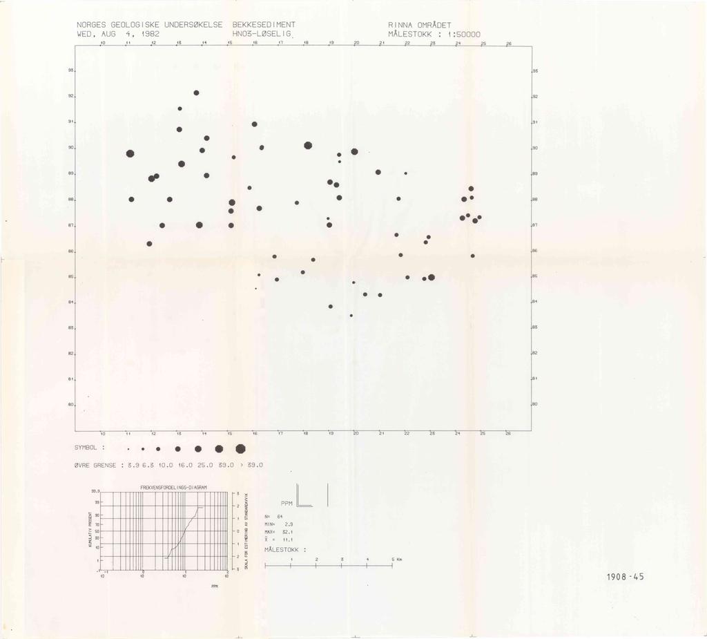 NORGES GEOLOGISKE UNDERSØKELSE BEKKESEDIMENT WED, AUG 4, 98 HNO-LØSELIG 0 4 5 6. 8 9 0 RINNA OMRÅDET MÅLESTOKK::50000 45 6 9 9 I.