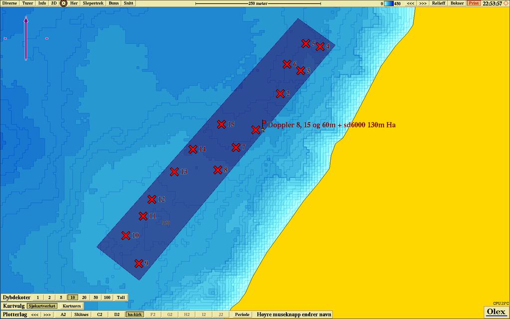 H1 H2 Midt H4 H3 Figur nr. 2. Oversikt over plasseringen av grabbstasjoner ved lokaliteten Hammarvika. Røde kryss (1-15) er grabbprøvetakingsstasjoner ved det tenkte anlegget.