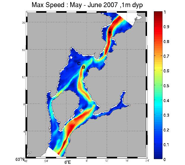 Eit eksempel på ein statistisk beskriving av straumen i ein fjord er maksimal strømfart for en 2- månedersperiode (mai juni 2007) i Hardangerfjorden (figur 1.3).