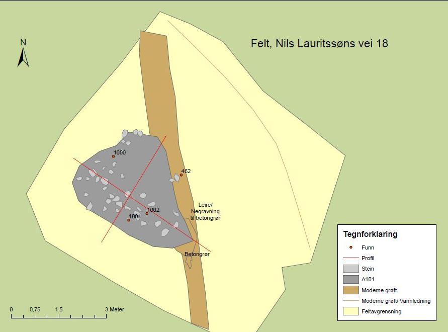 6 UTGRAVNINGSRESULTATER 6.1 A101, RØYS Røysa lå i det vestre hjørnet av tomten, og det ble avdekket 62 m 2. Undergrunnen besto av grålig morenegrus. Det ble avdekket ned til 40 cm.