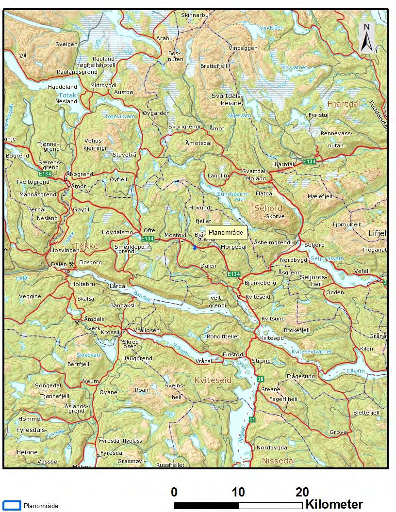Rapport arkeologisk registrering 6 3. Området Planområdet består av to delområder, på hver sin side av E134 ved Breivatn i Kviteseid kommune.