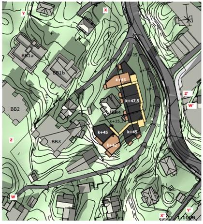 Figur 6: Illustrasjon av bebyggelsen Figur 7: Forslag til plankart Det vises til plankart og forslag til bestemmelser om byggehøyder.