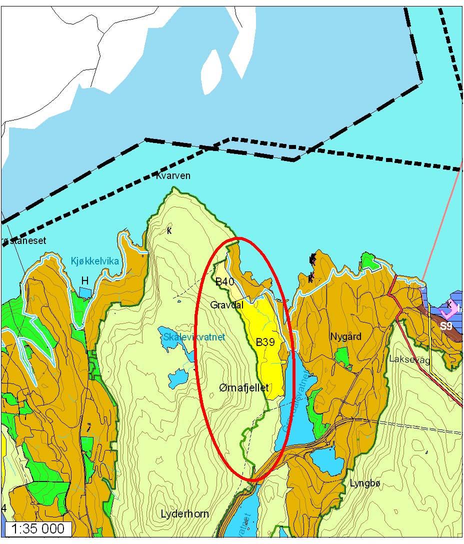 Endring nr. 59 Gravdal B39/B40 B39 justert til høydekote 75, fra Boligområde til LNF.