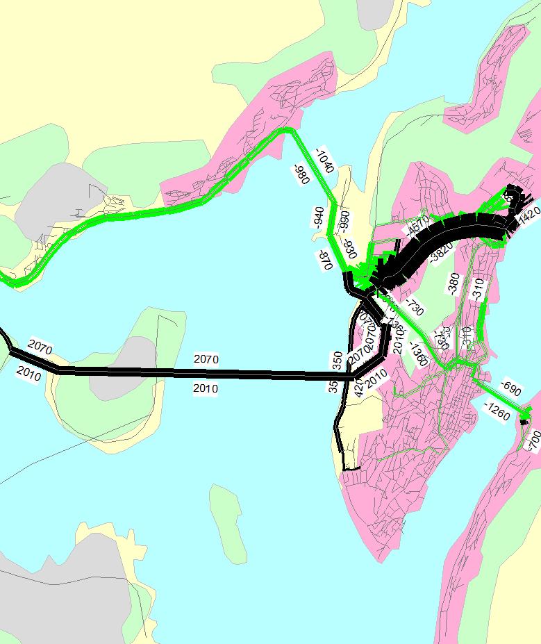 Figur 16 Trafikken (ÅDT) ved utbygging av alternativ 3 sammenlignet med dagens vegnett i 2014.