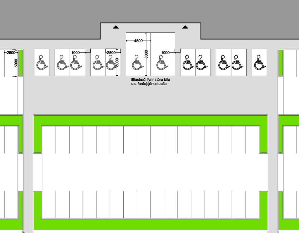 Þess skal gætt að næg bílastæði fyrir hreyfihamlaða séu við byggingar, sjá töflur 6.01 6.04.