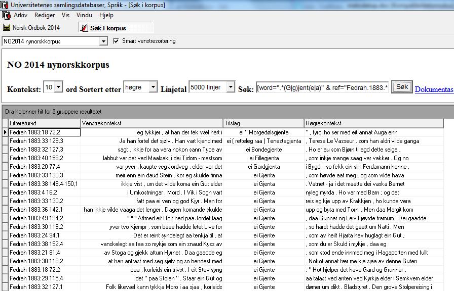 Kjelda er spesifisert etter formelen «ref=» (= eng. reference). 31 I figur 5.2 ser ein øvste del av konkordansen som kjem opp med dette søkjeargumentet. Figur 5.