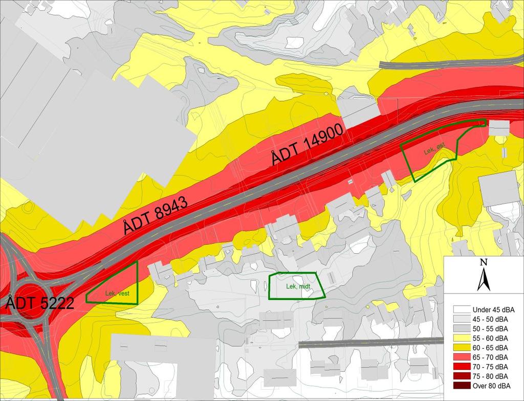 4.1 Vegtrafikk Døgnveid ekvivalent lydnivå (L den ): Figur 1: Beregnet uskjermet lydnivå L den fra vegtrafikk, ÅDT 2030. soner gjelder høyde 1,7 m over terreng.