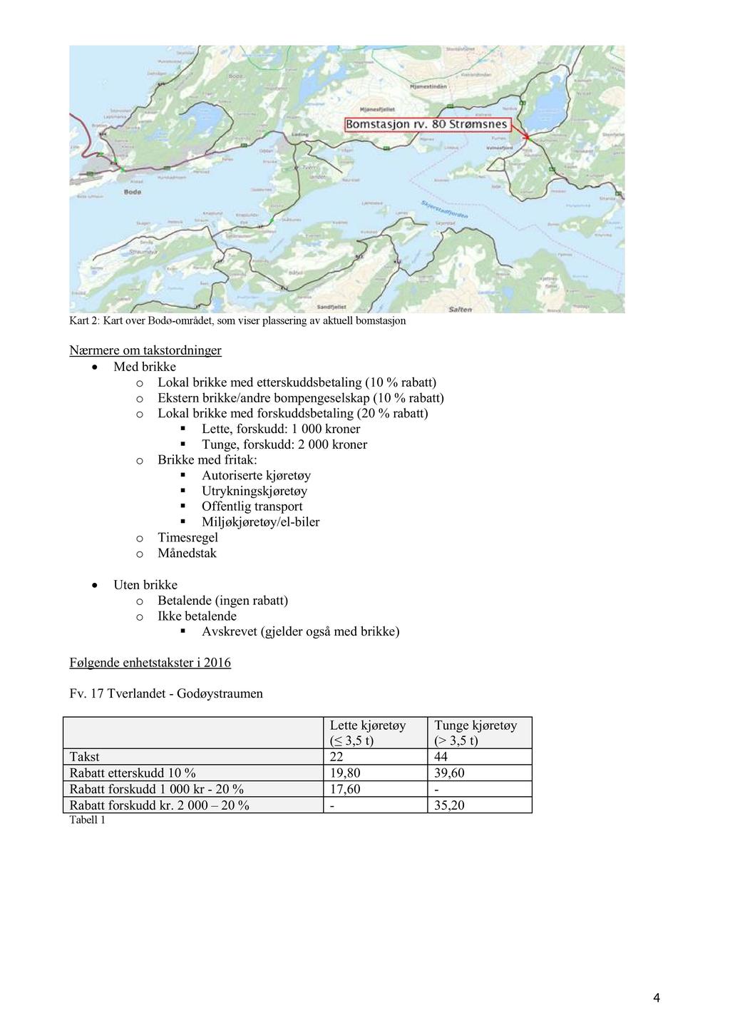 Kart 2: Kart over Bodø - området, som viser plassering av aktuell bomstasjon Nærmere om takstordninger Med brikke o Lokal brikke med etterskuddsbetaling (10 % rabatt) o Ekstern brikke/andre