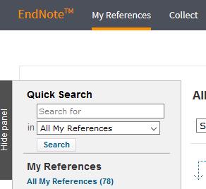 Finn frem i biblioteket For å finne fortere fram til ønsket referanse i EndNote biblioteket, kan du bruke Quick Search funksjonen til venstre, der du kan søke opp en bestemt