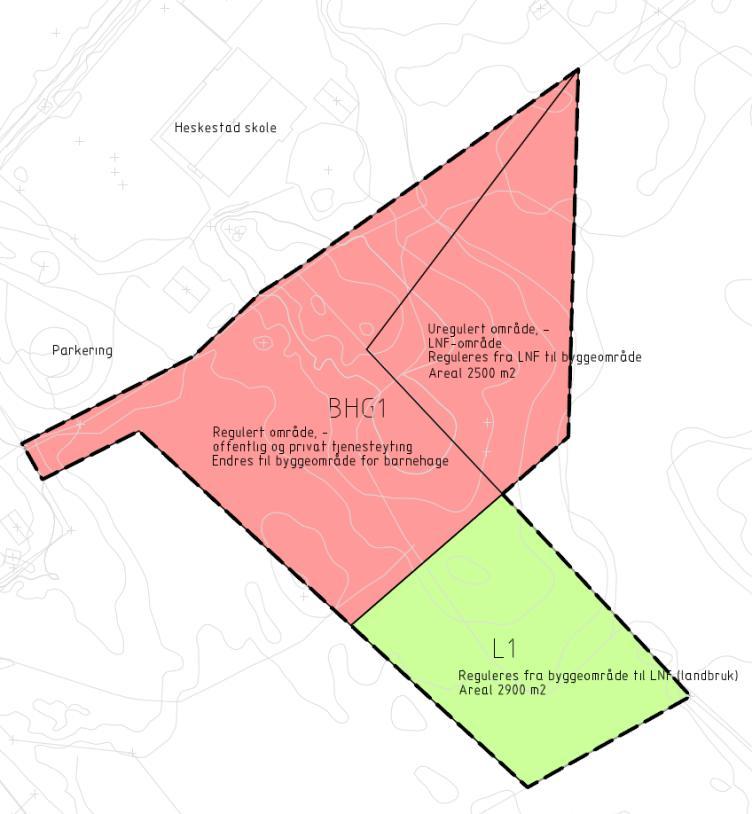 BESKRIVELSE AV PLANFORSLAG Reguleringsformål Følgende reguleringsformål inngår i planforslaget: 1. Bebyggelse og anlegg Områder for barnehage, området BHG1 2.