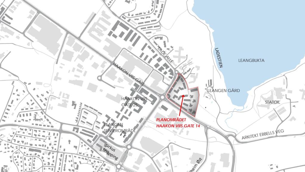 Planområdet ligger på Lade, ca tre kilometer øst for Trondheim sentrum. Kartet viser bebyggelses som foreslås i planen.