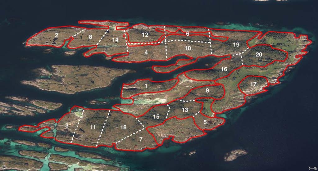 7. Ortofoto/kart Figur 2 Kart som viser alle de registrerte lokalitene på Karlsøya, inkludert engarealene i Åkersvika (uten spesiell verdi). Lyngheiene er inndelt i fire.