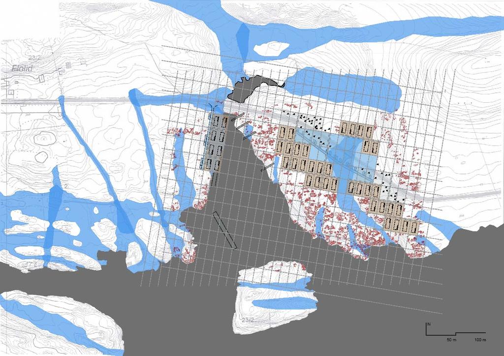 Kartet nist på sida viser planskisse, føremål: teigstruktur for hus