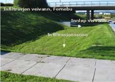 Høyre foto: Veivannet fra 4-felts hovedvei på Fornebu ledes til en rensedam.