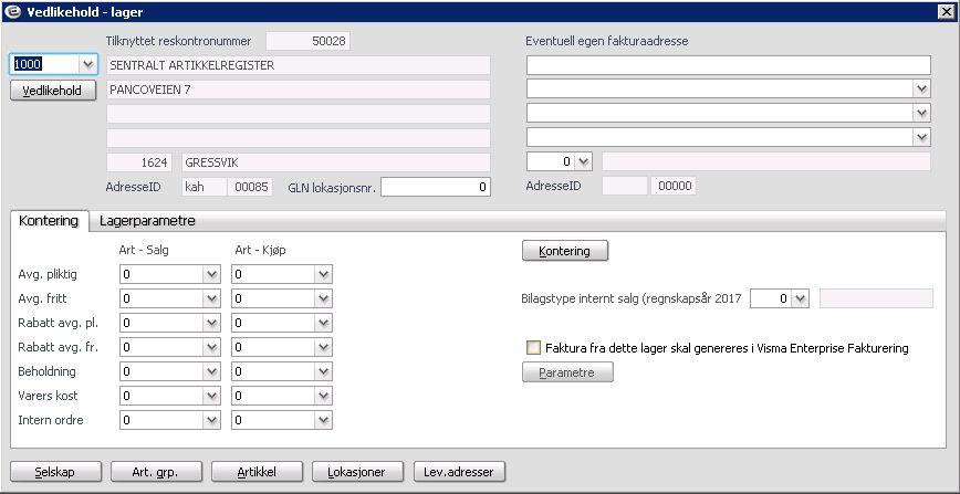 aktivert. GLN lokasjonsnr. legges inn i feltet for GLN lokasjonsnr. Dersom du ikke har integrasjon. Har du flere leveringsadresser legges det inn et GLN lokasjonsnr. pr. leveringsadresse. På fanen <<kontering>> ligger parametre for kontering.