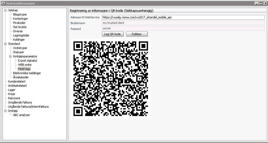 Mobil App Her lager du QR-kode som skal benyttes til Visma Bestilling.