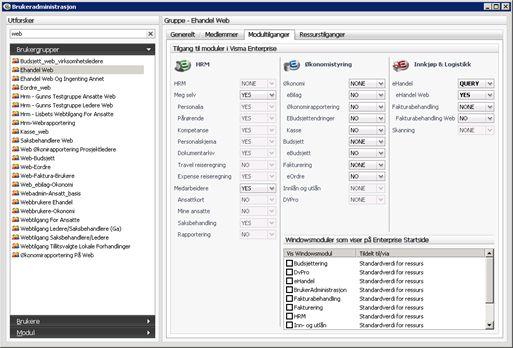 For Superbruker ehandel anbefaler Visma at tilgang på applikasjonene settes til Delete med unntak av INSTALL som settes til NONE etter installasjon av standard