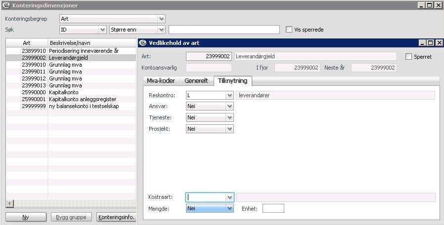Menyvalg Økonomi: Grunndata > Kontoplan > Konteringsdimensjoner Leverandørgjeldskontoen (i eksempelet konto 23999002) må også være knyttet mot Reskontrotype.