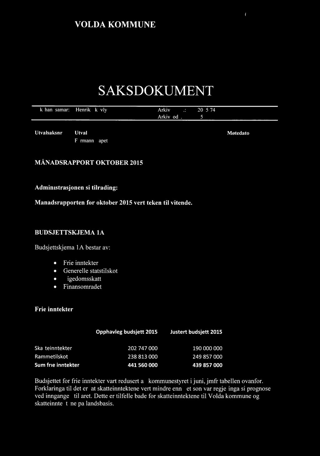 VOLDA KOMMUNE ) SAKSDOKUMENT Sakshandsamar: Henrik Skovly Arkivsak nr.