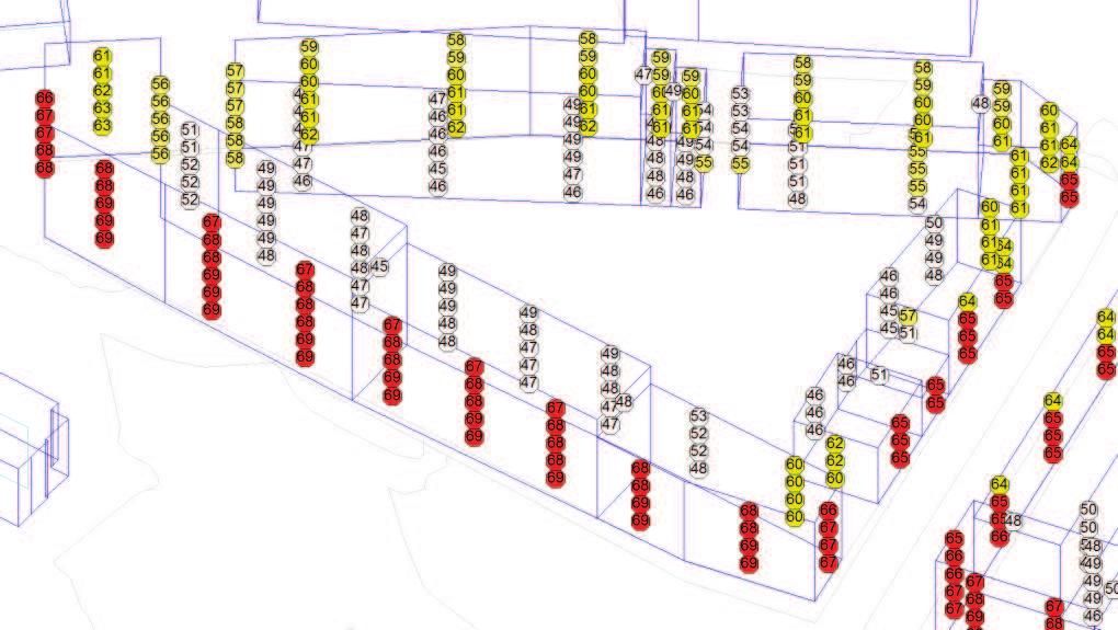 8/13 JARLEVEIEN, TRONDHEIM KOMMUNE rød sone, men nesten alle boenheter vil ha en stille side med L den < 55 db (se også figur 2 og 3). Lydforhold på balkonger er beskrevet i 5.2 Støy ved fasade. 5.2 Støy ved fasade Støynivå L den ved fasader er vist i figur 3 og 4.