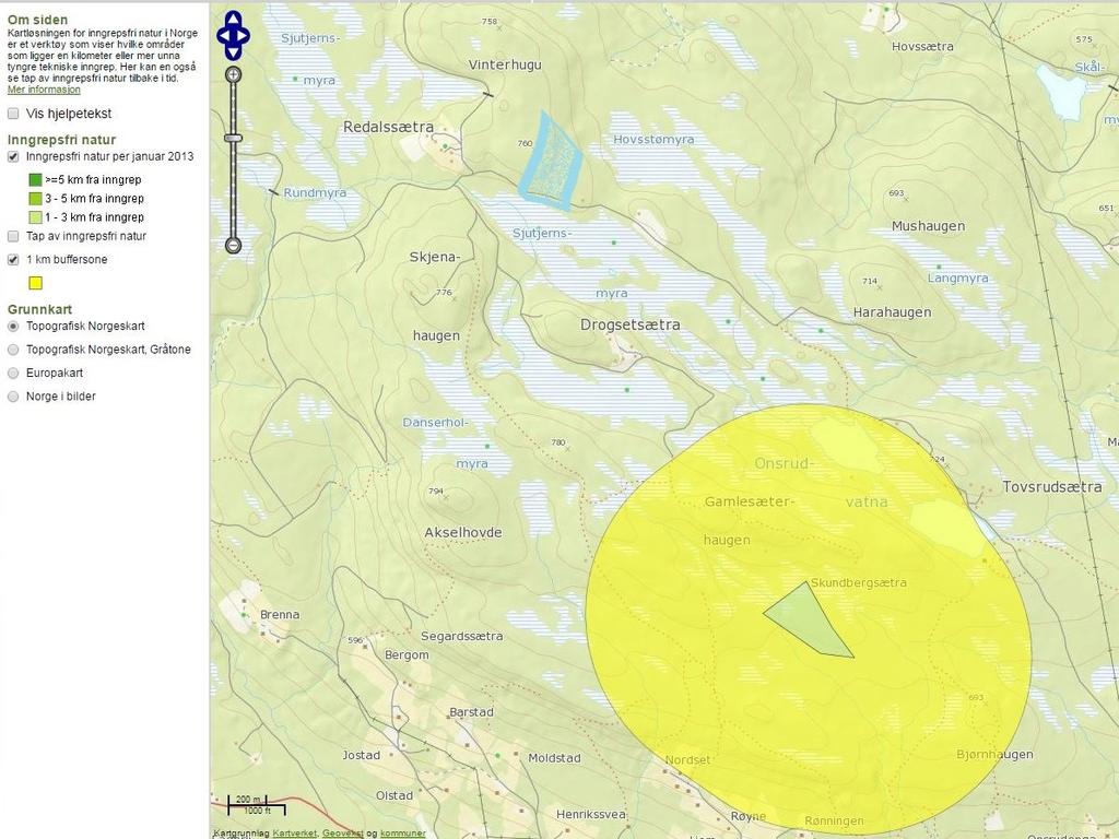 Planområdet (vist med lys blå farge) ligger i overkant av to km fra nærmeste INON-område. Kartet er ikke i målestokk.