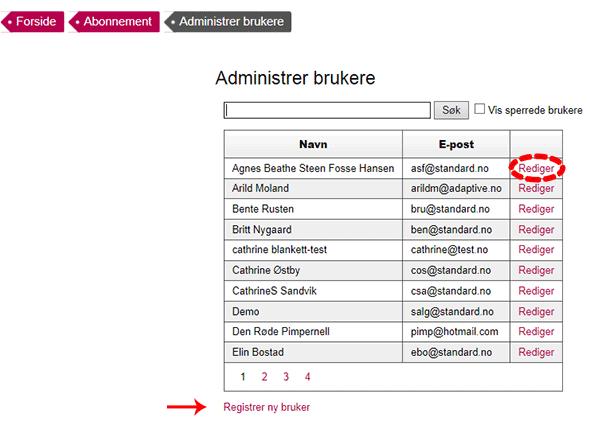 4 Registrer ny bruker Nye brukere registreres med fornavn, eventuelt mellomnavn, etternavn og e-post adresse. Nettbutikk-tilgang betyr hvilket tilgangsnivå brukerne skal ha.