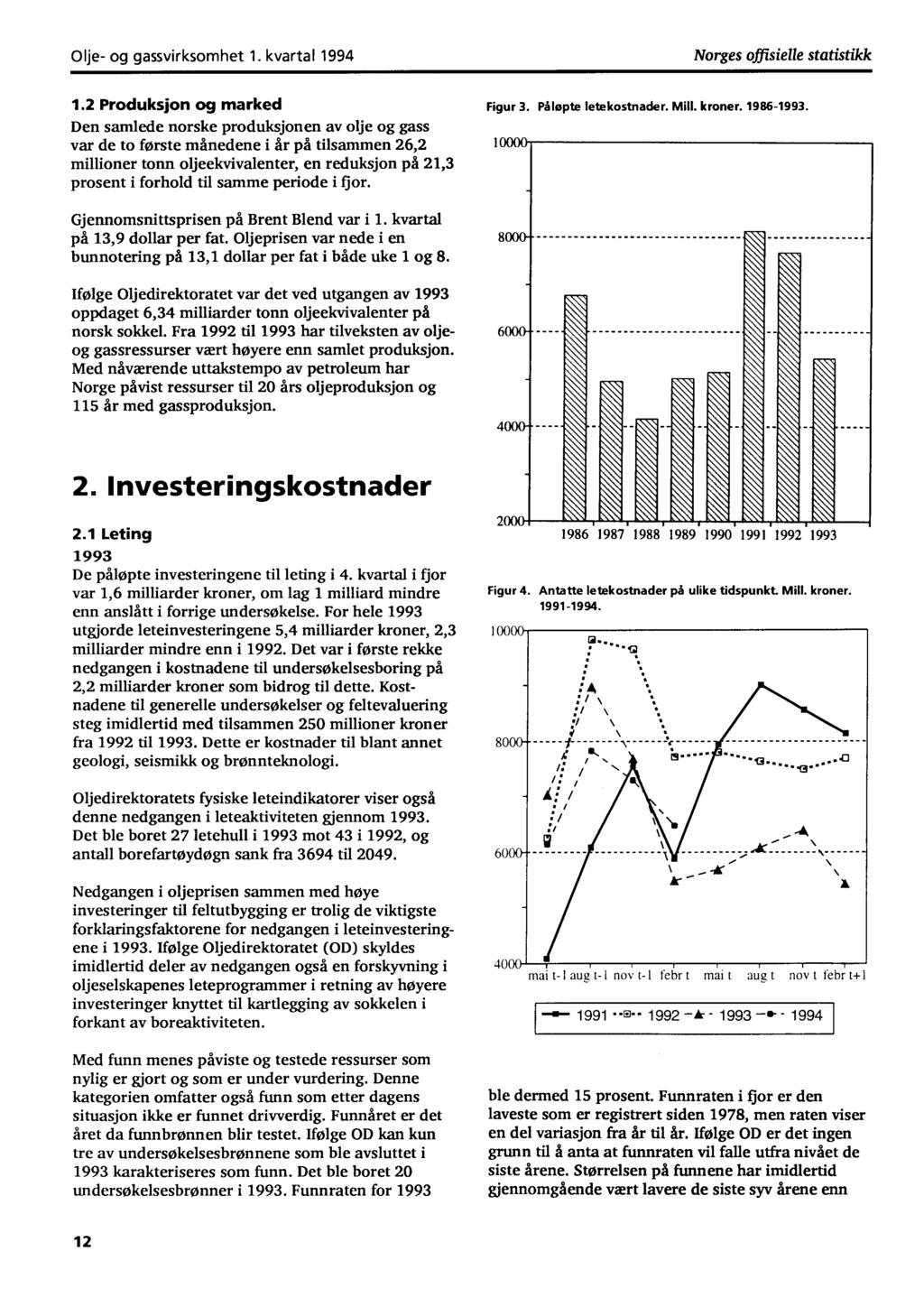 Olje og gassvirksomhet 1. kvartal 1994 Norges offisielle statistikk 1.2 Produksjon og marked Den samlede norske produksjonen av olje og gass Val!